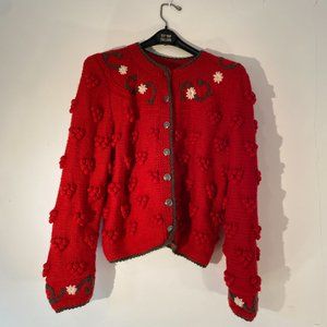 Red 100% Wool Knitted Popcorn Bubble Cardigan Sweater